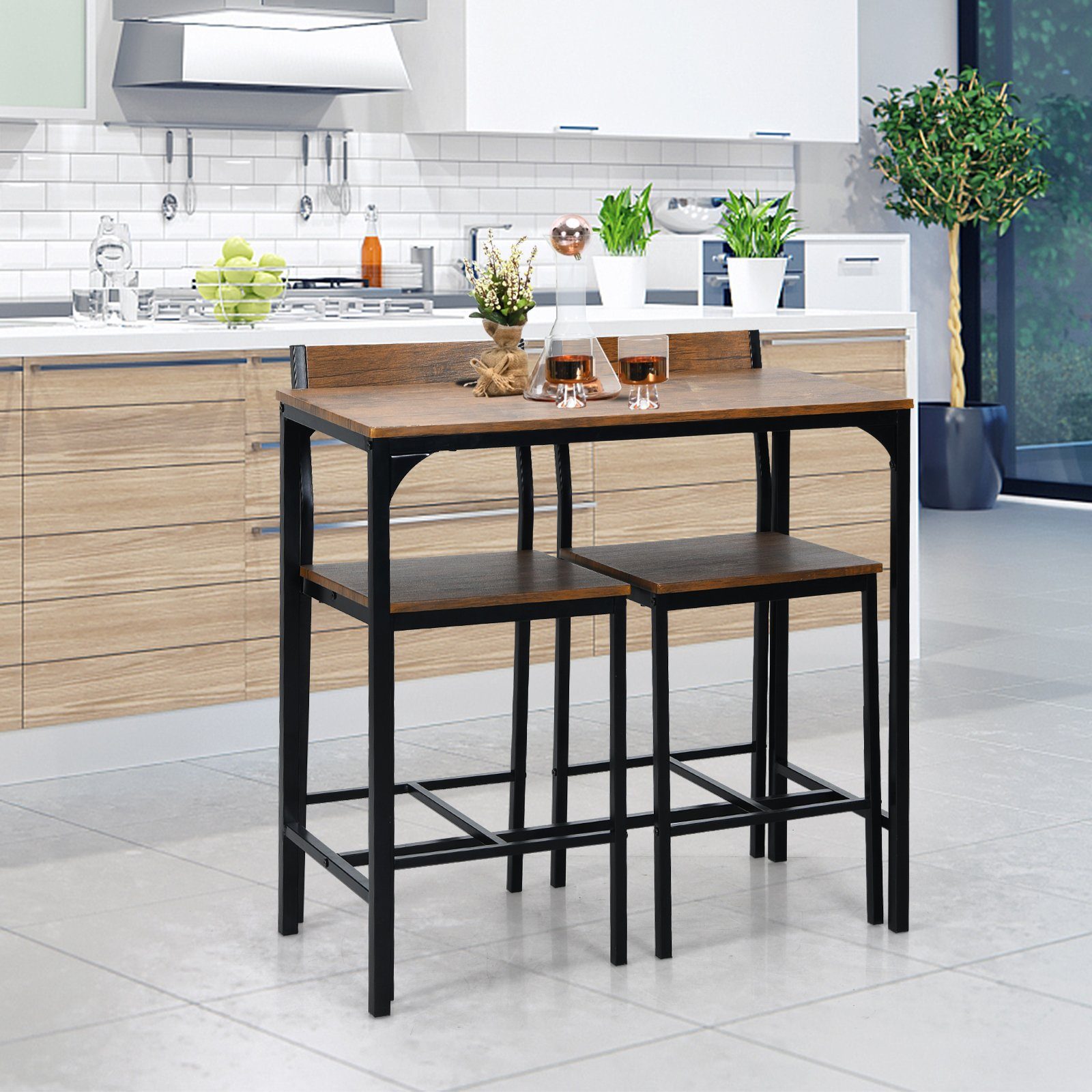COSTWAY Bartisch, Set Esstisch (90x45x88,5cm) mit 2 Stühlen, 3 tlg., Metall