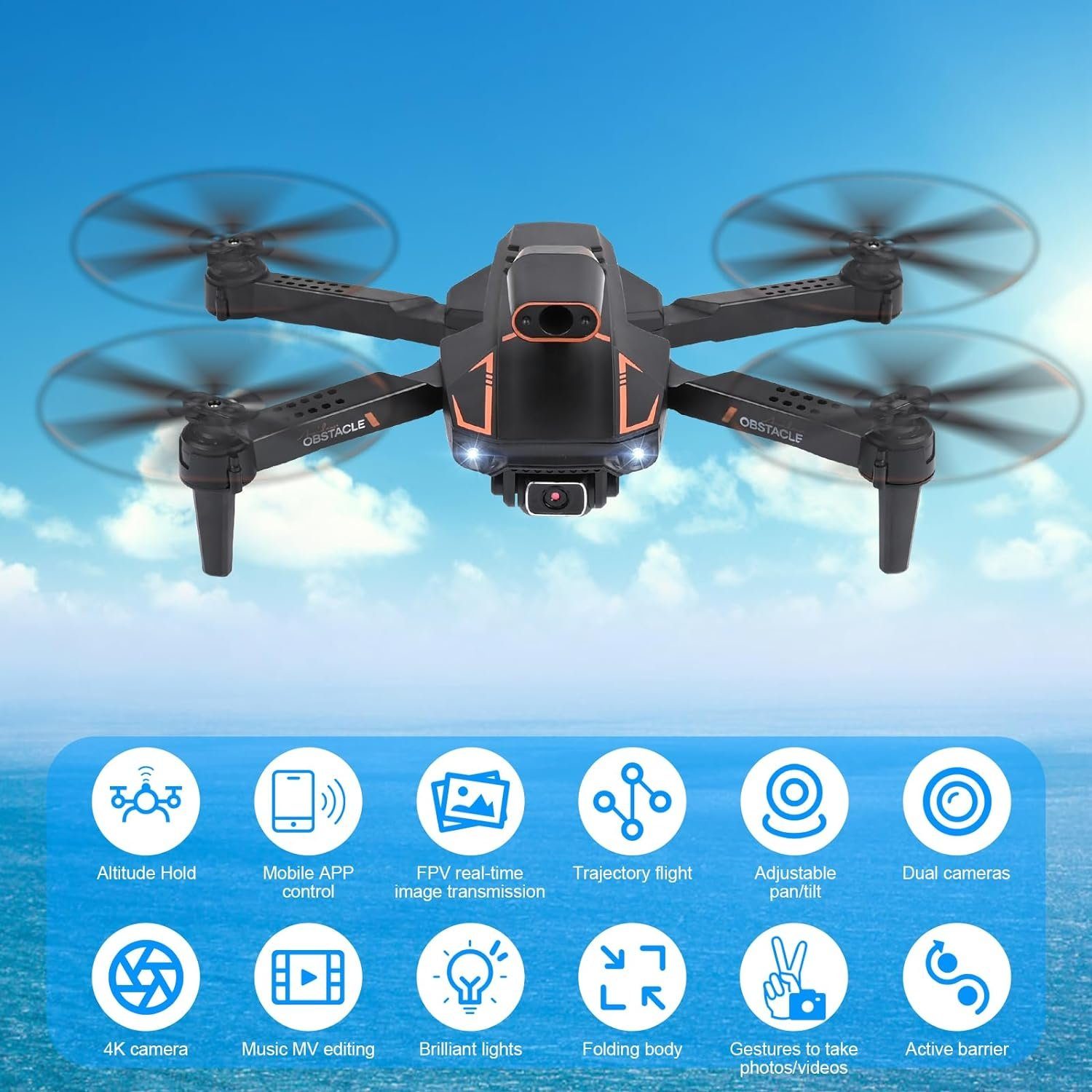 Goolsky Drohne (4K, 2 Kameras HD, Faltbare FPV Drone Live Übertragung, Kamera Elektrisch)