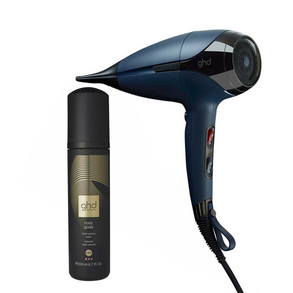 ghd helios Haartrockner blau & body goals Volumschaum Pflegebundle