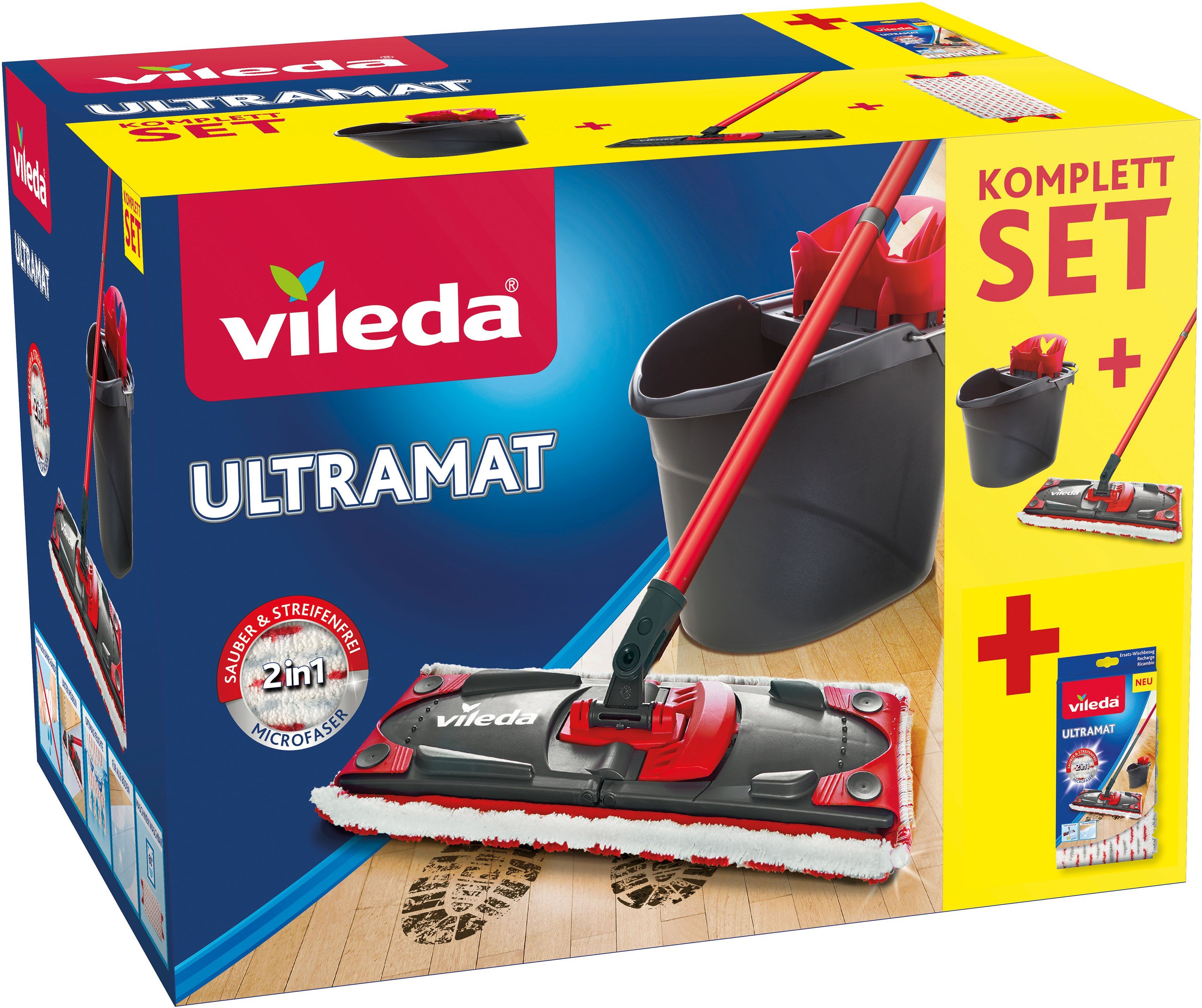 Vileda Bodenwischer-Set Ultramax 2in1 (Set, 3-St), (3-teiliger Stiel, Mikrofaser-Bezug, Ultramax Eimer)