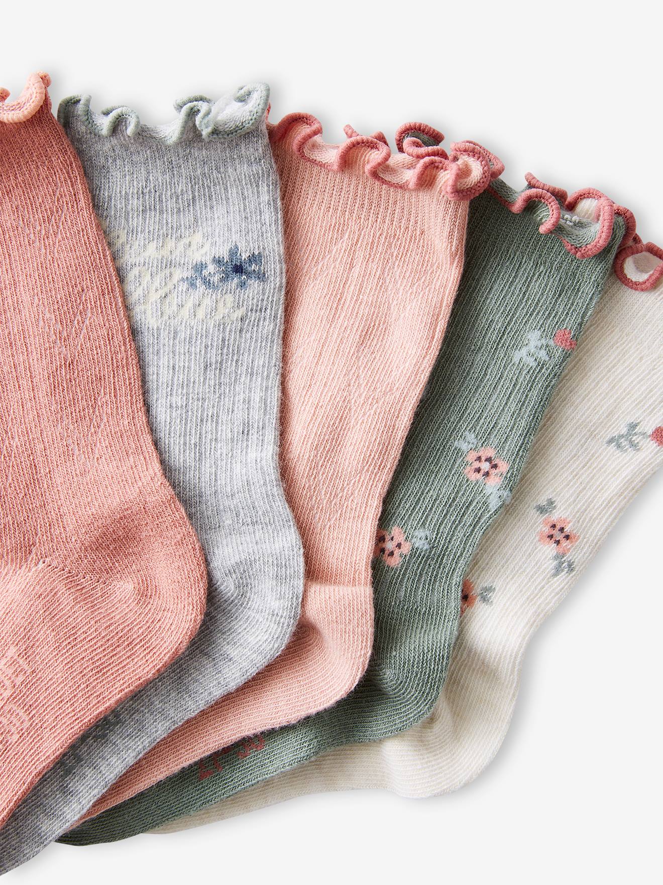 Lot de 5 paires de chaussettes maille côtelée/ajourée fille rose bonbon