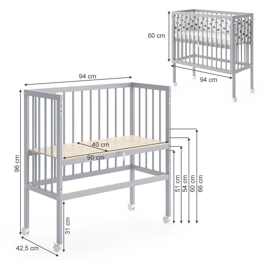 VitaliSpa® Beistellbett Babybett Stubenbett 2 Seitenteile SOPHIE Grau