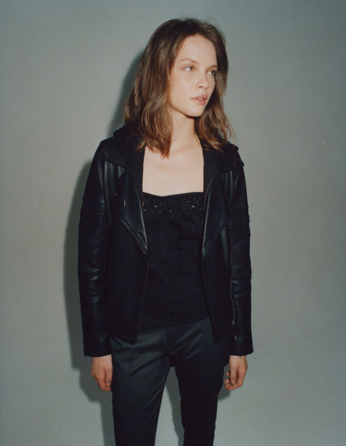 Veste en cuir noir esprit motard parmenture amovible Femme