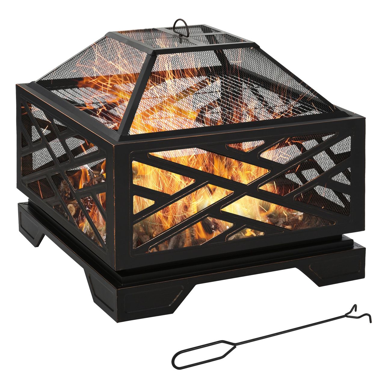 Outsunny Feuerschale mit Funkenschutz Feuerkorb mit Grillrost, Schürhaken Metall