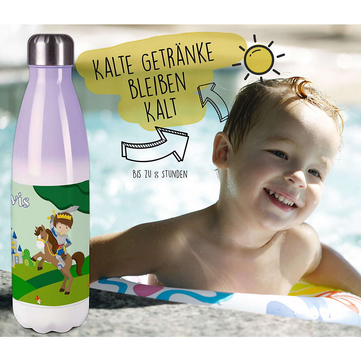 Edelstahl Kinder Thermoflasche / Trinkflasche bunt Ritter 2 Spülmaschinenfest, Auslaufsicher, Bruchfest, Doppelwandig, Für Heißgetränke geeignet, Mit Deckel, Isoliert