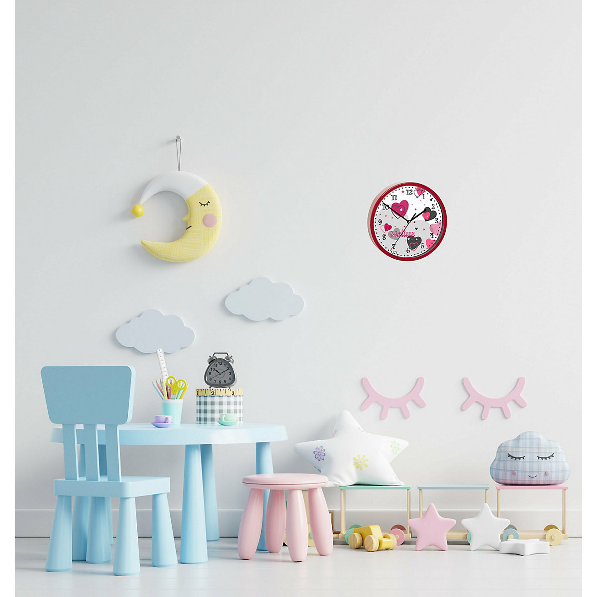Kinder Wanduhr personalisiert mit Name Herz Rosa Grau