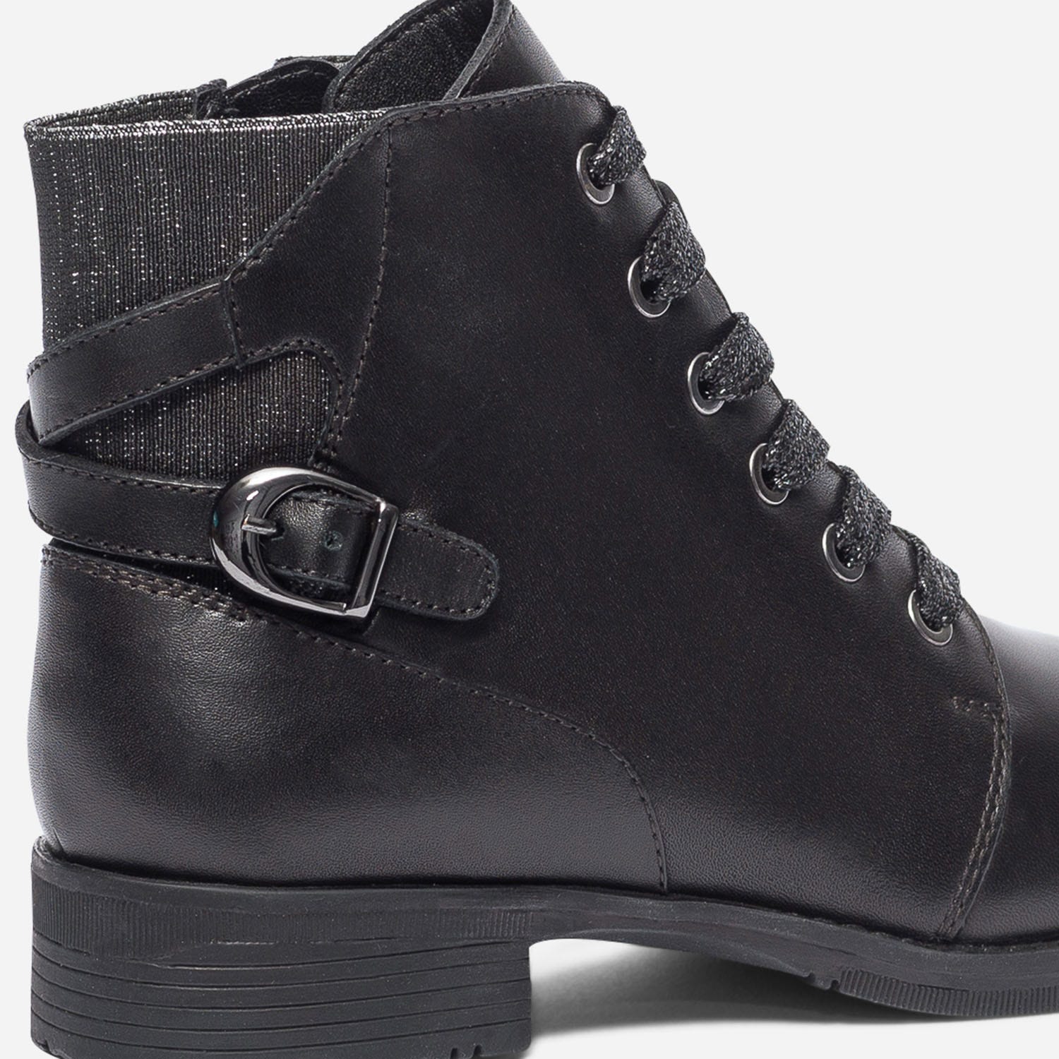 Bottine noire en cuir à élastique et lacet pailletés