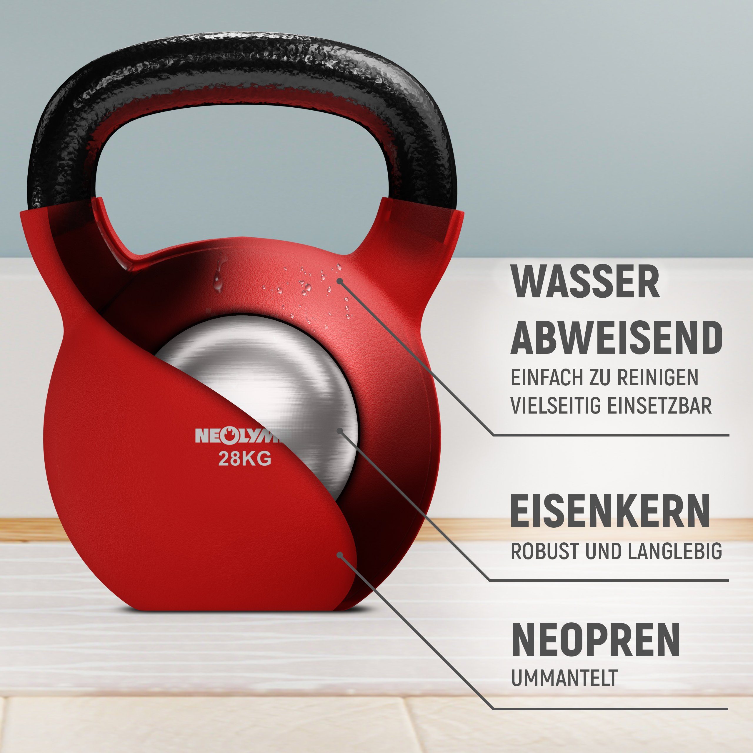 NEOLYMP Kettlebell KB210 Neopren Kettlebell, 2-28 kg, Kugelhantel, bodenschonend, Stahlkern, Neoprenummantelung, wasserabweisend, phthalat- und bleifrei