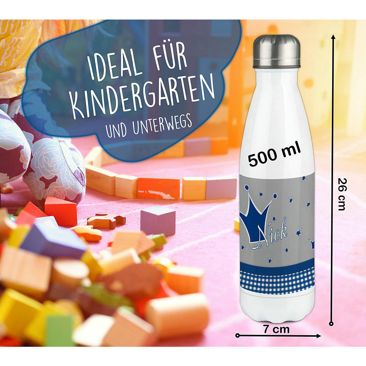 Edelstahl Kinder Thermoflasche / Trinkflasche bunt Krone Farbe blau grau Spülmaschinenfest, Auslaufsicher, Bruchfest, Doppelwandig, Für Heißgetränke geeignet, Mit Deckel, Isoliert