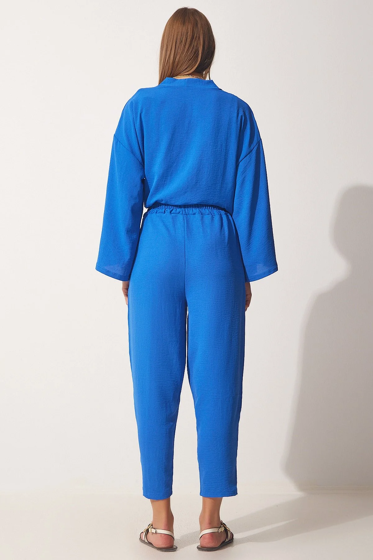 Happiness İstanbul  Dunkelblaues Kimono-Hosen-Set für Damen DZ00046