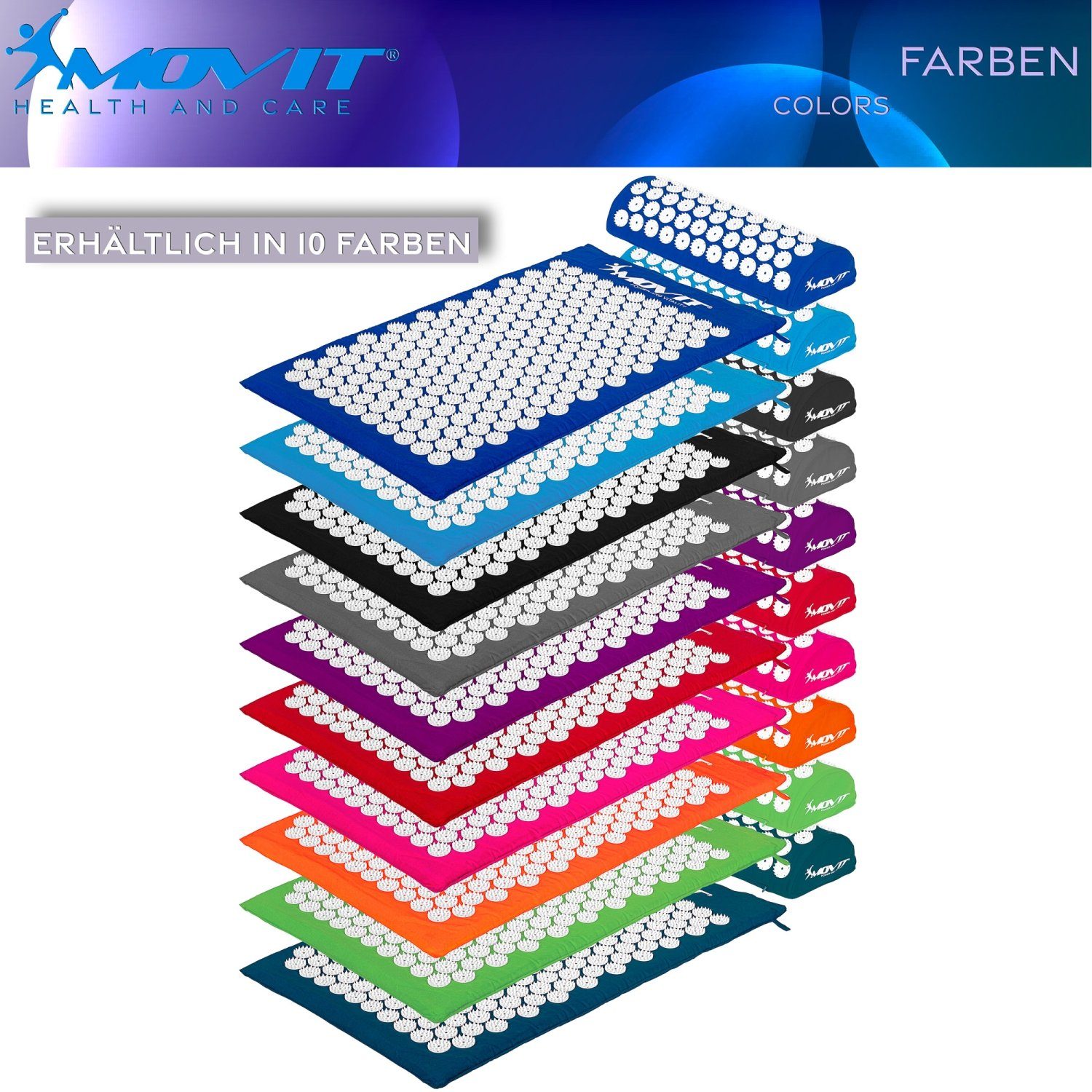 MOVIT Akupressurmatte Movit® Akupressur-Set Akupressurmatte inkl. Kissen (Set, 3-St., 3er-Set), 75 x 44 x 2,5cm oder 130 x 50 x 2,5cm, Bezug 100% Baumwolle, 10 Farben