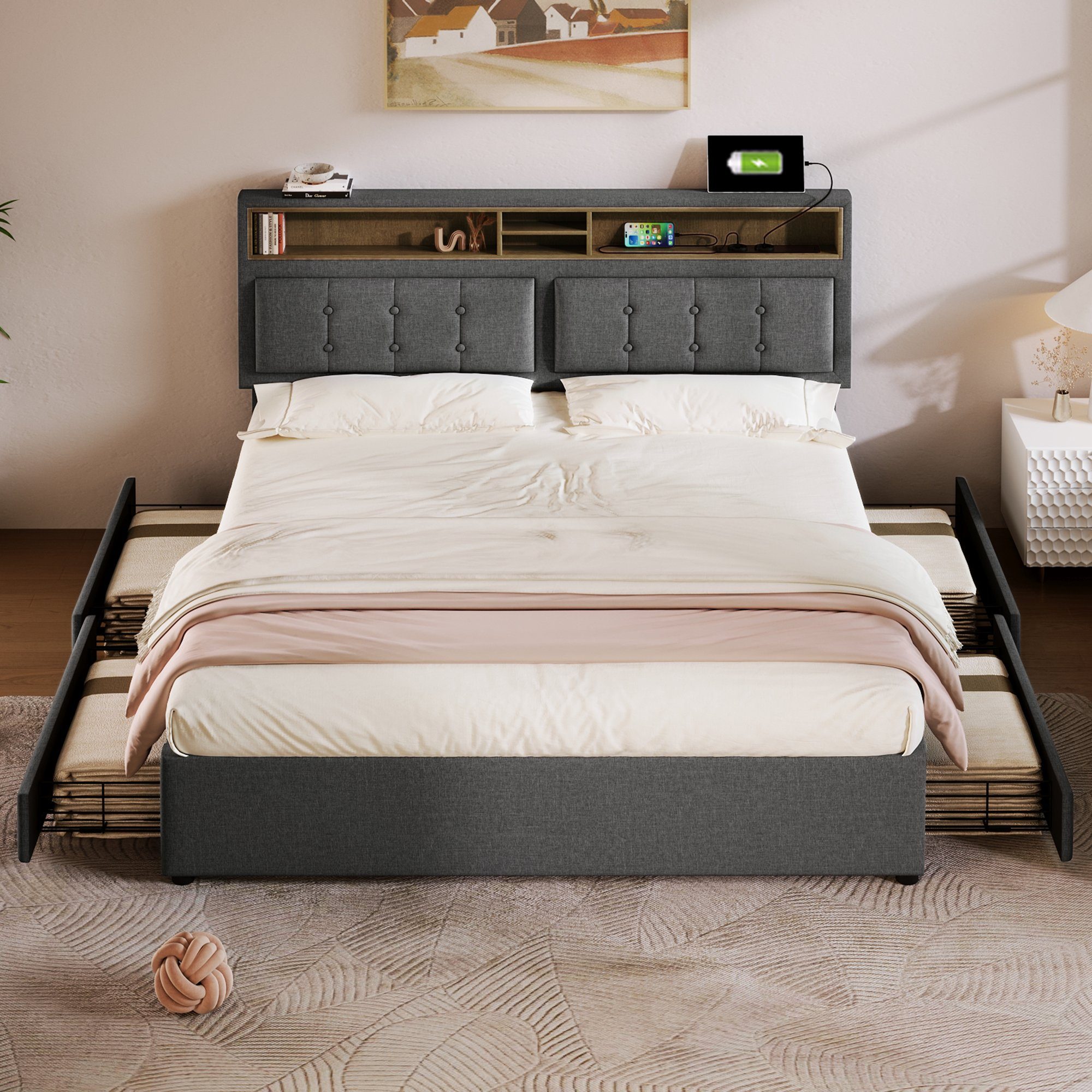 REDOM Polsterbett Doppelbett (mit USB/Typ-C Ladefunktion + 4 Schubladen 140x200cm Leinen), Inklusive Matratze