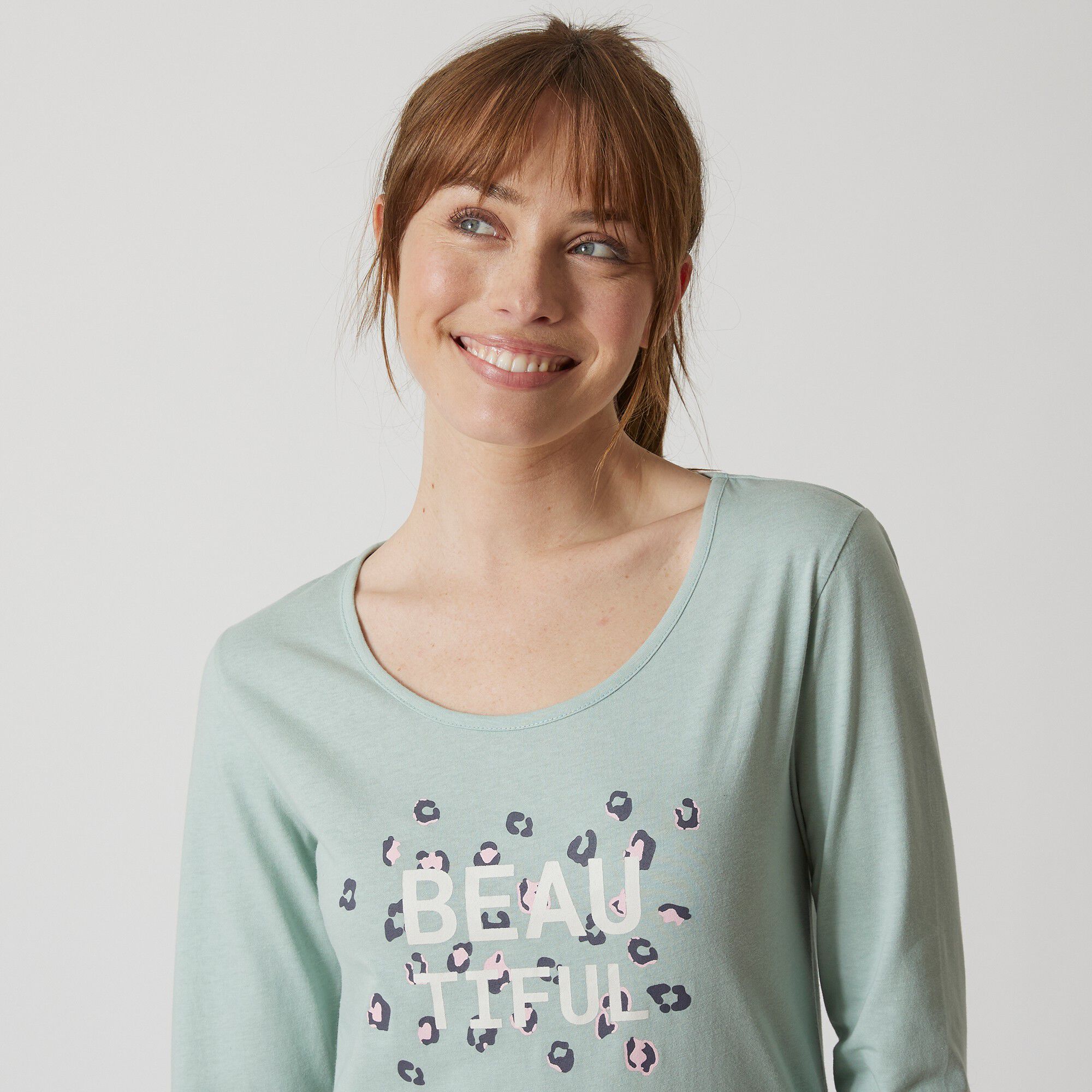 Tee-shirt manches longues coton uni imprimé placé 