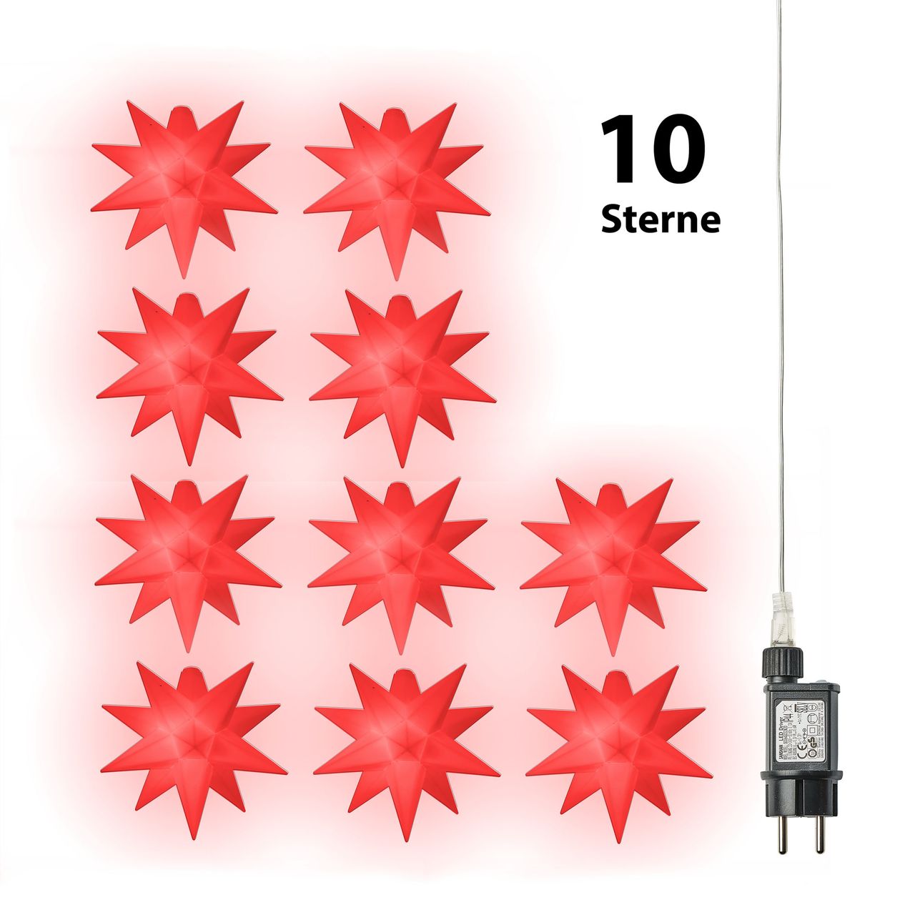 Weles AMARE LED 10er Sternenlichterkette rot Durchmesser der Sterne je 12 cm, Länge der Kette 6,75 m (zzgl. 5 m Zuleitung), LED Farbe warmweiß, CE geprüft, für den Innen- und Außenbereich, Timer