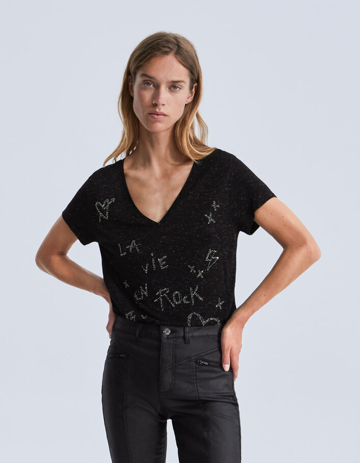 Tee-shirt noir pailleté message perles brodées Femme