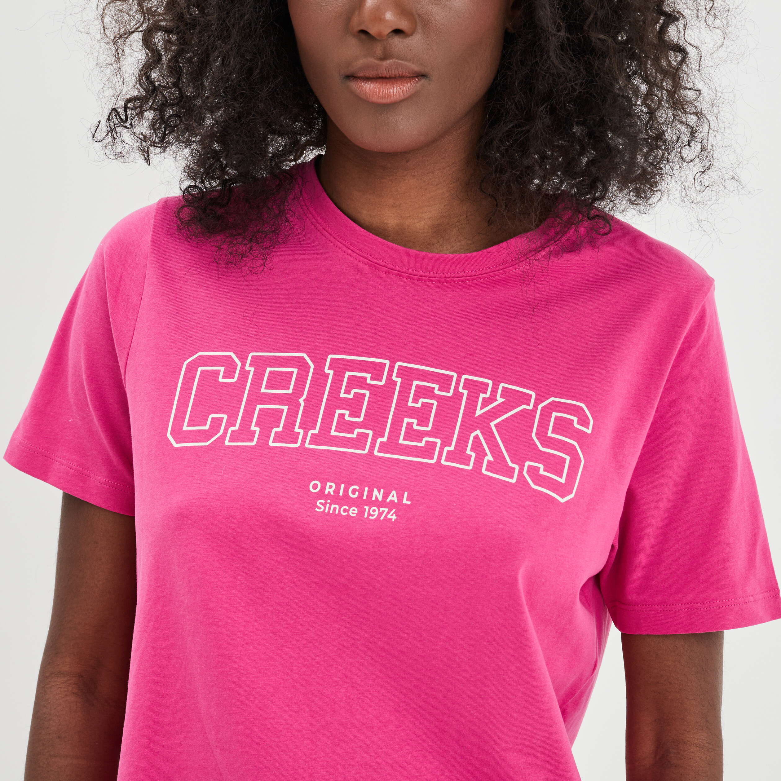 T-shirt oversize col rond coton Creeks rose framboise femme | La Halle