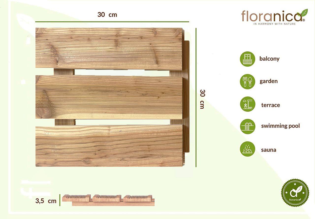 Pemicont Floranica Holzterrassenplatten 1 Stück 30x30 cm Lärchenholz Unbehandelt Boden für die Sauna Terrasse oder dem Balkon Holzfliese im Garten Gefräste Oberfläche Balkonfliesen