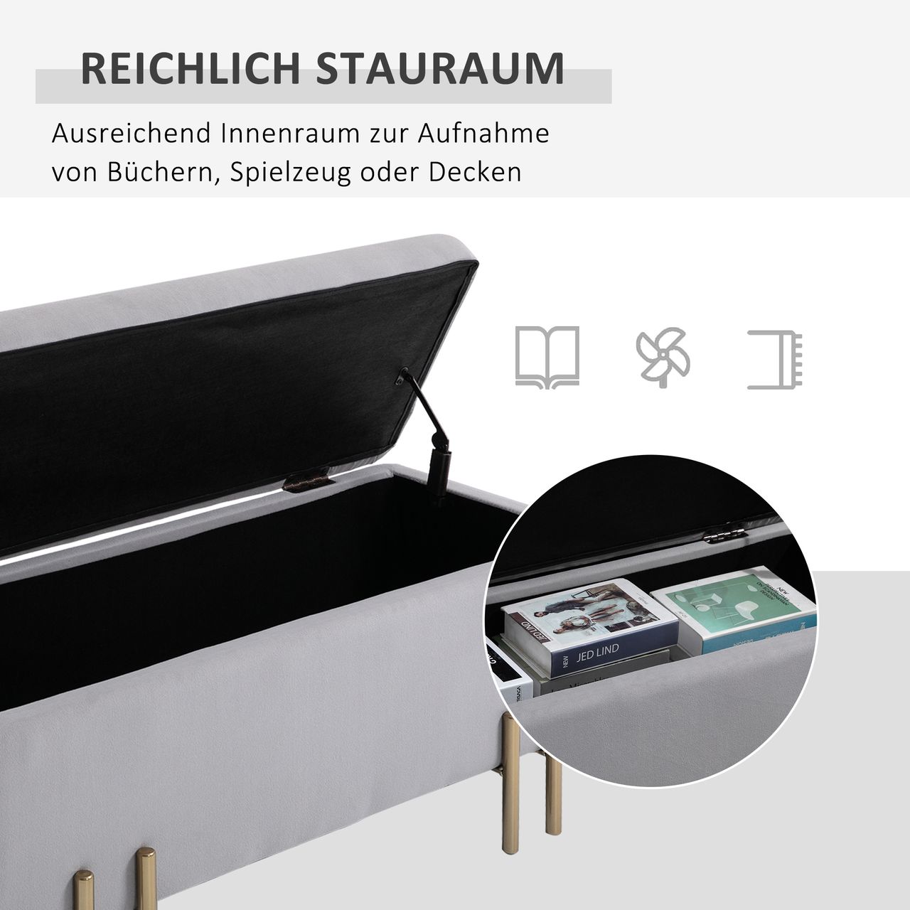 HOMCOM Sitzbank, Polsterbank mit Stauraum, Truhenbank, Stoff, Metall, Schaumstoff, Hellgrau, 100 x 40 x 42 cm