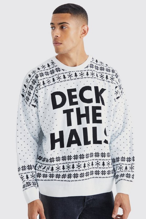 Oversize Weihnachtspullover mit Deck The Halls Print