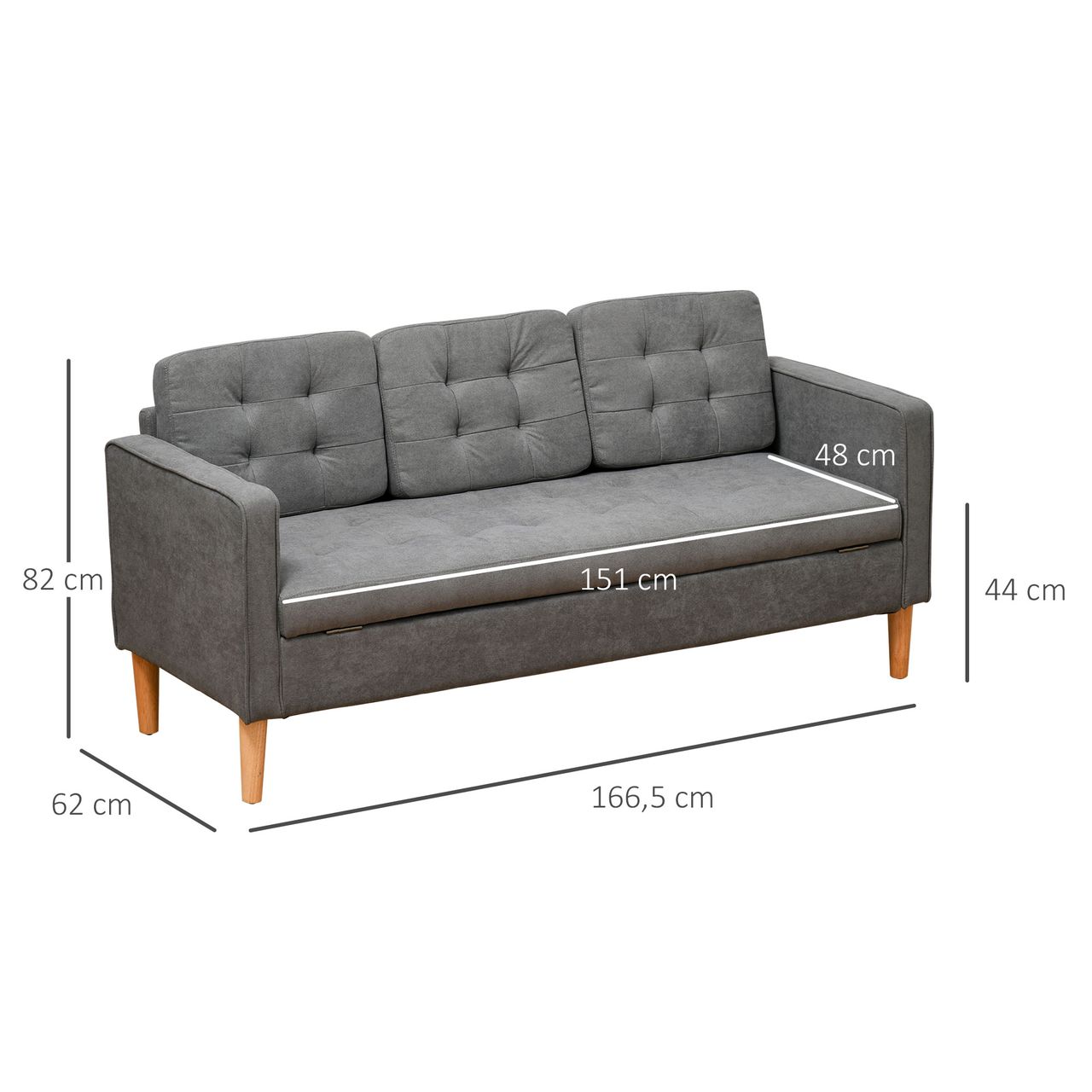 HOMCOM 3-Sitzer Sofa Stoffsofa Doppelsofa abnehmbar mit Kissen Gummiholz Baumwoll Grau 166,5 x 62 x 82 cm
