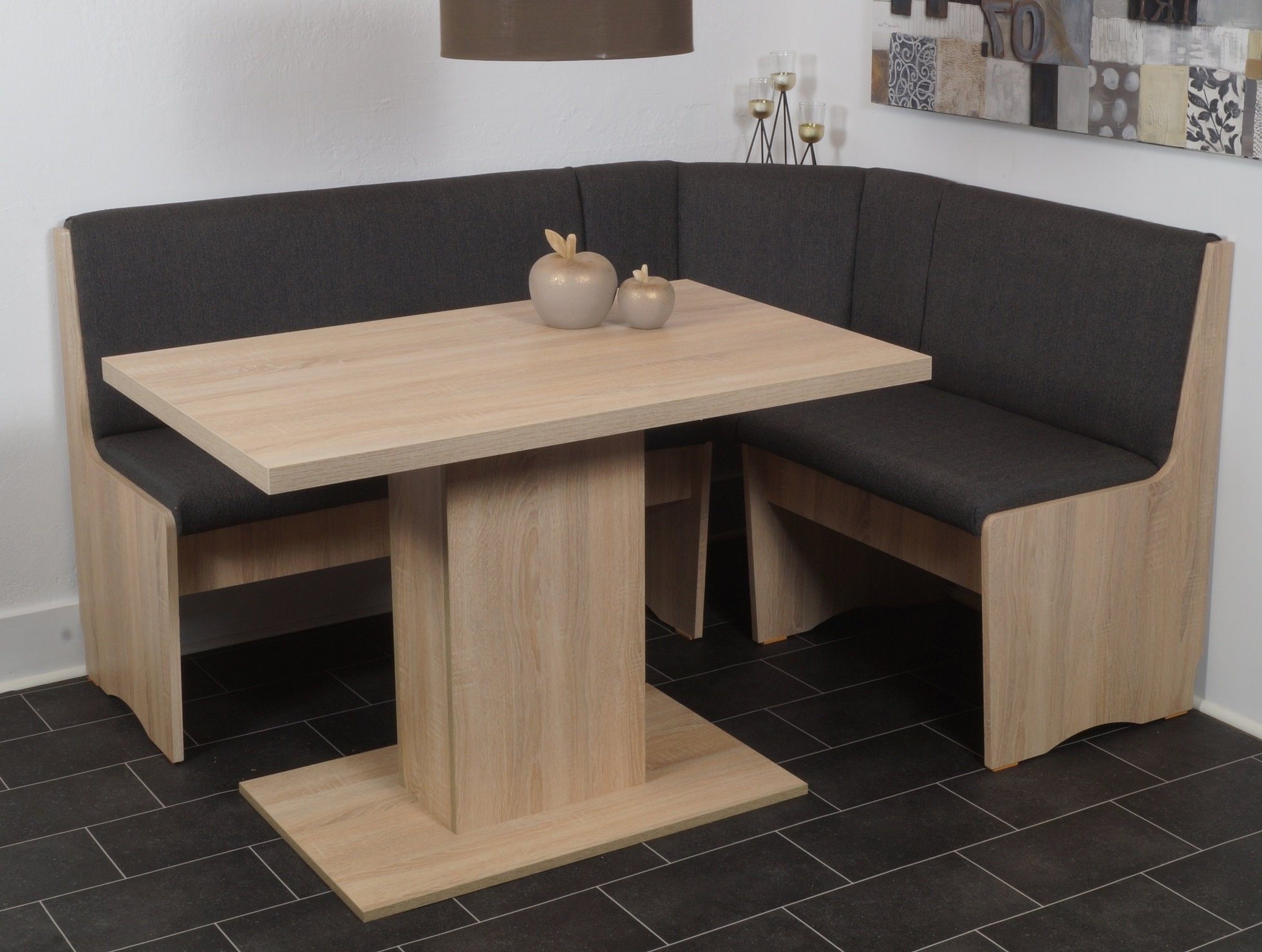 Trendmöbel24 Eckbankgruppe Eckbankgruppe DUISBURG mit Säulentisch Sonoma Eiche - Stoff Grau, (4-tlg)