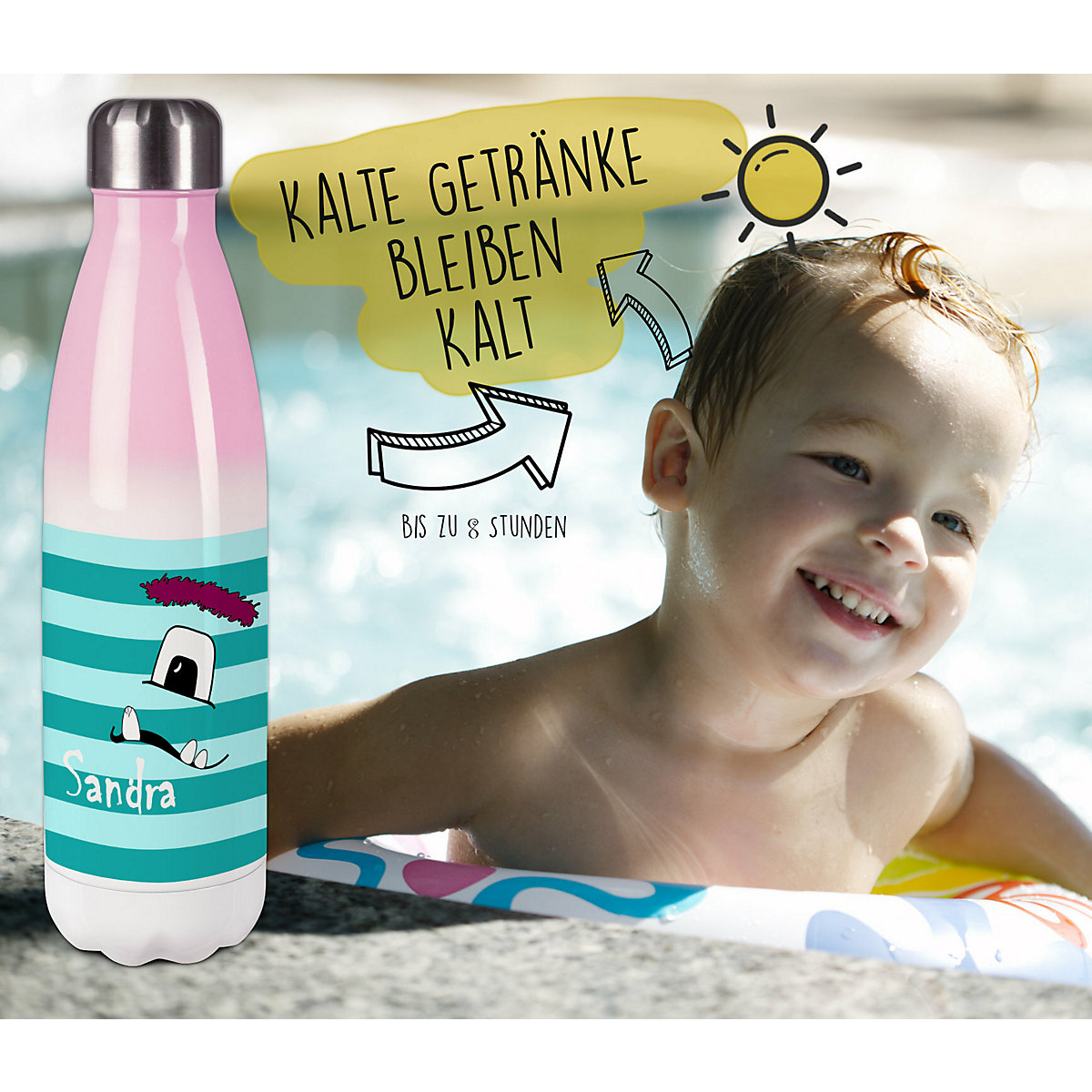 Edelstahl Kinder Thermoflasche / Trinkflasche bunt Monster Streifen Farbe türkis Spülmaschinenfest, Auslaufsicher, Bruchfest, Doppelwandig, Für Heißgetränke geeignet, Mit Deckel, Isoliert