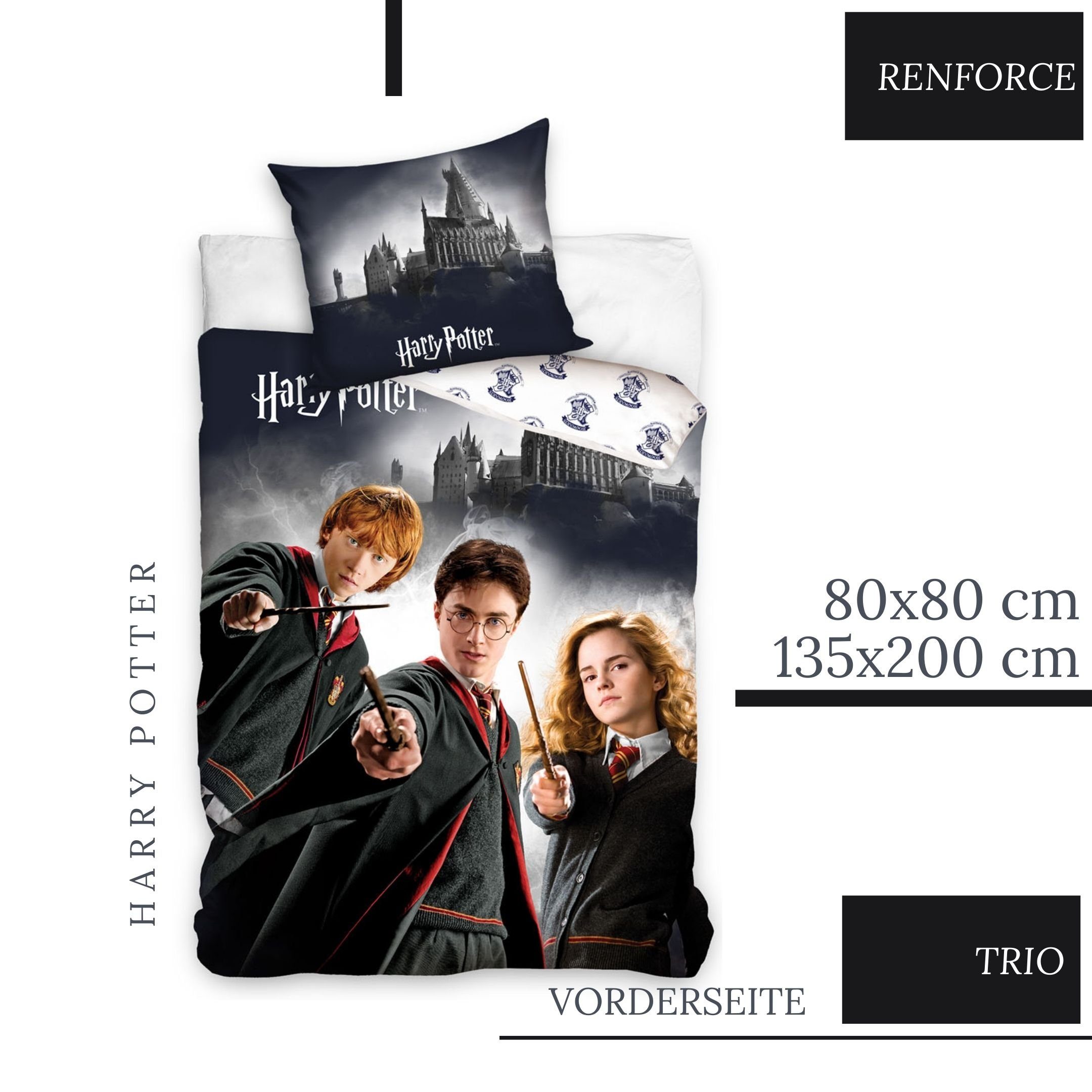 Bettwäsche Harry Potter 135x200 + 80x80 cm 2 tlg., 100 % Baumwolle in Renforcé, MTOnlinehandel, Renforcé, 2 teilig, Bettwäsche-Set mit Hermine, Harry & Ron für Kinder, Teenager, Jugend