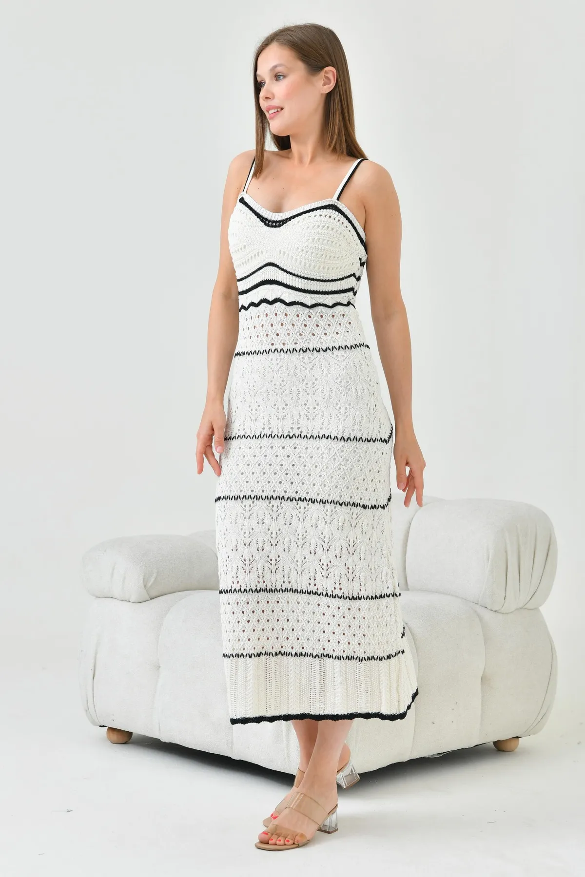 lovebox  Damen Strickwaren Strickstoff Dünne Träger Ungefüttert Midi Länge Häkeln Gestrickt Sommerkleid 1303