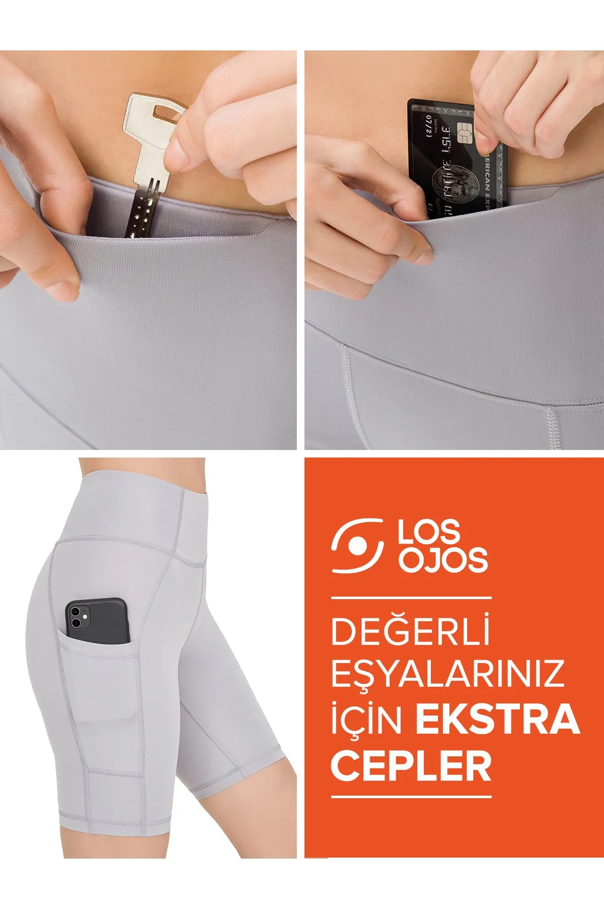 LOS OJOS  Damen-Kompressor-Biker-Shorts mit hoher Taille und doppelter Tasche, kurze Sport-Tights in Grau