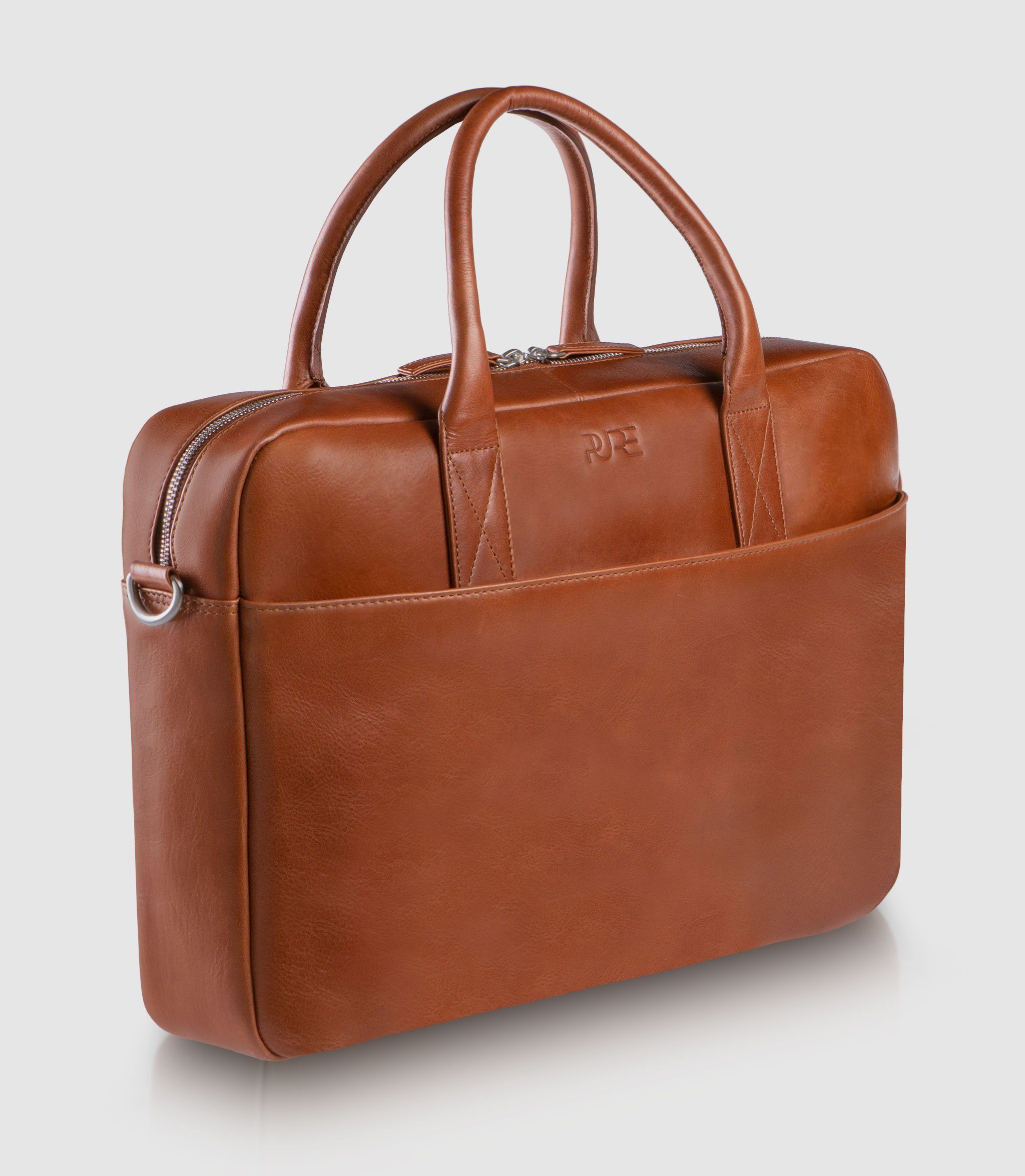 PURE Leather Studio Aktentasche Laptoptasche NAOS Cognac, Echtleder Businesstasche bis 15,6 Zoll Umhängetasche Herren