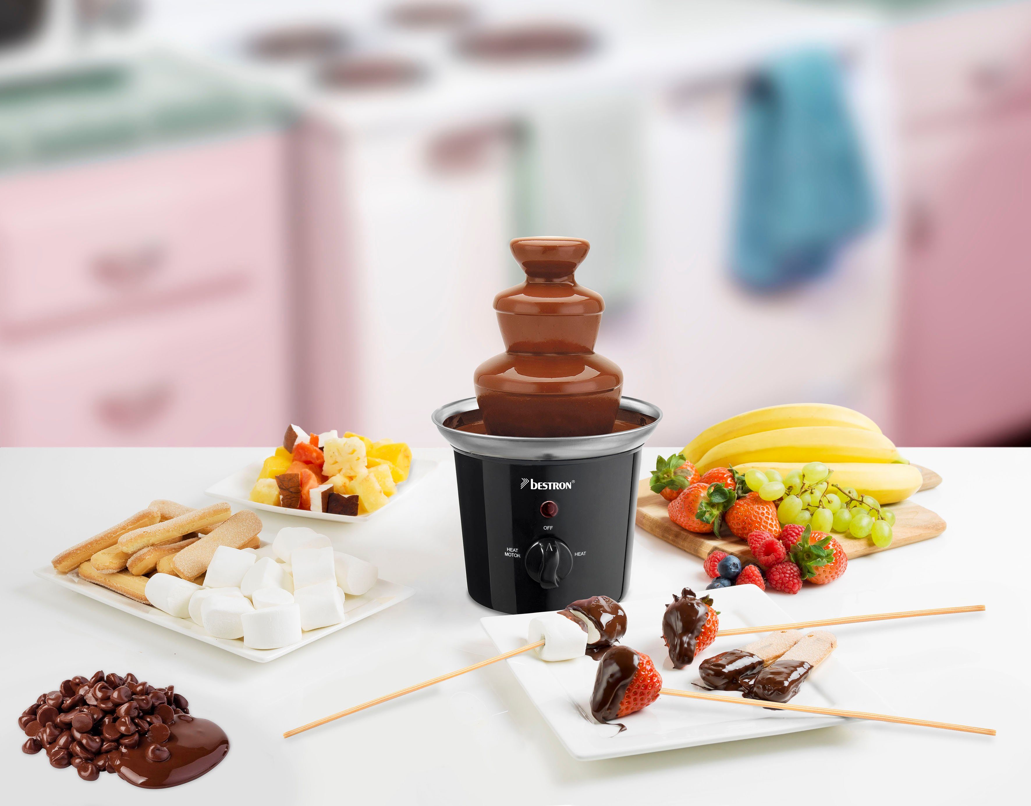 bestron Schokoladenbrunnen ACF300 Funcooking, mit 3 Etagen, 60 Watt, Schwarz/Edelstahl