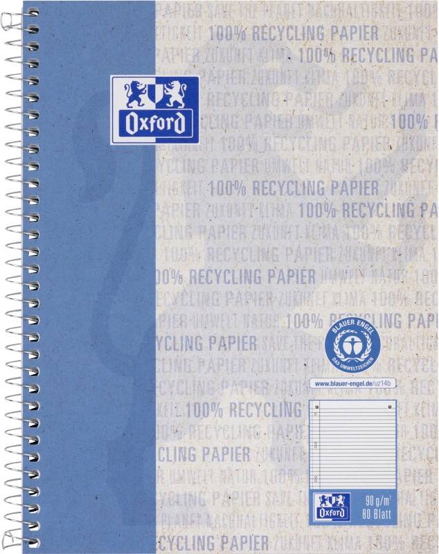 OXFORD Collegeblock DIN A5  Liniert Spiralbindung Kunststoffbeschichteter Karton Blau Perforiert Recycled 160 Seiten