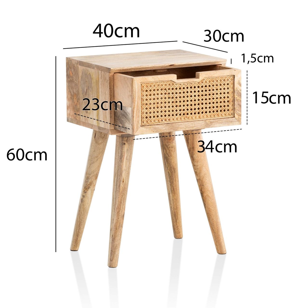 Wohnling Nachttisch Nachtkommode Boxspringbett Holz Rattan 60 cm Wiener Geflecht