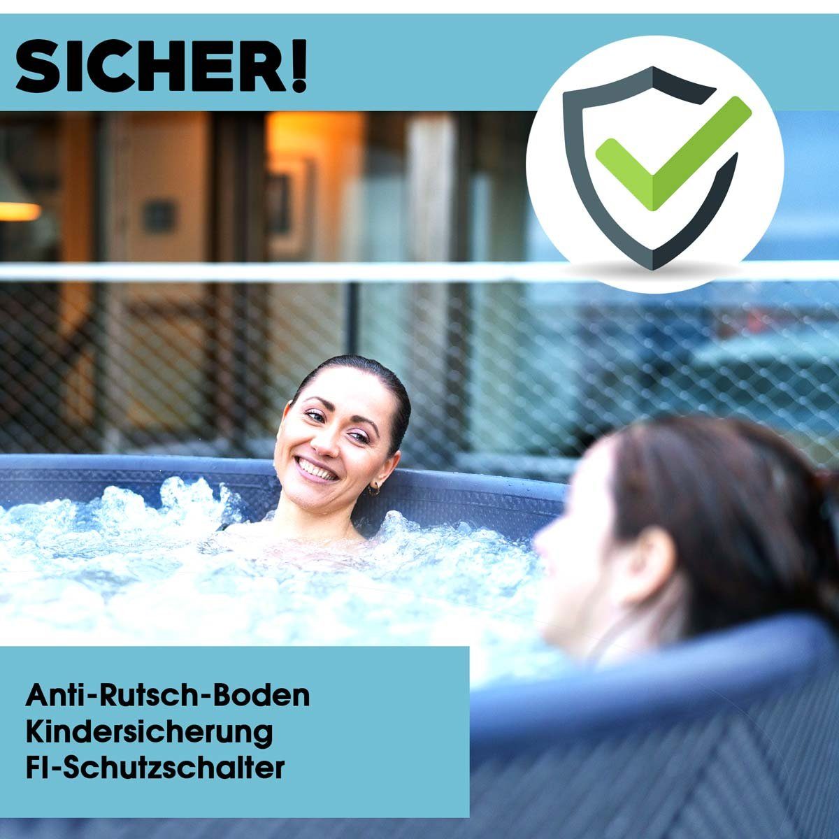mSpa Whirlpool BRAST aufblasbar Naval für 6 Personen Ø173x65cm In- Outdoor Pool, (Isolierende Bodenmatte Timer Heizung Bubble Spa Wellness Massage, 138 Massagedüsen inkl. aufblasbare Thermoabdeckung)