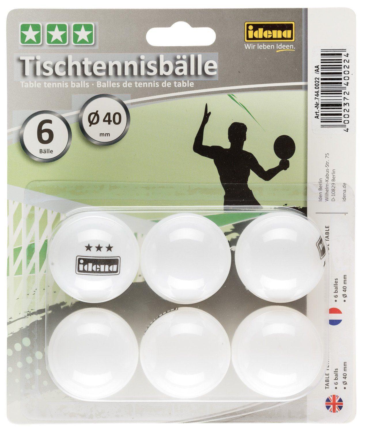 Idena Tischtennisball Idena 7440022 - Tischtennisbälle 6 Stück in weiß, Durchmesser 40 mm (Packung)