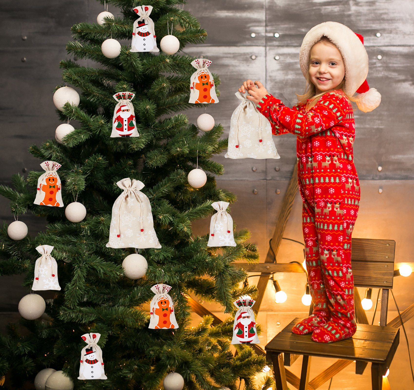 Homewit Christbaumschmuck Geschenksäckchen zu Weihnachten mit Zugband (5-tlg), Ideal zum Verpacken von Geschenken