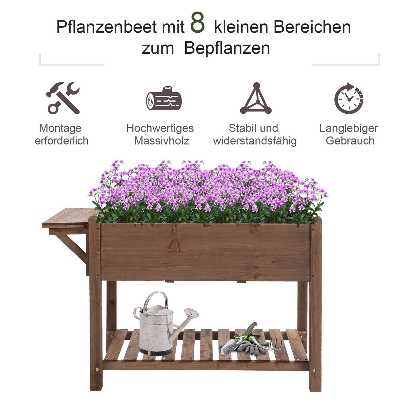 Outsunny Hochbeet Pflanzkasten mit 8 geteilten Gittern faltbare Ablage Blumenkasten Blumentopf Kräuterbeet Massivholz Braun 123 x 54 x 74 cm