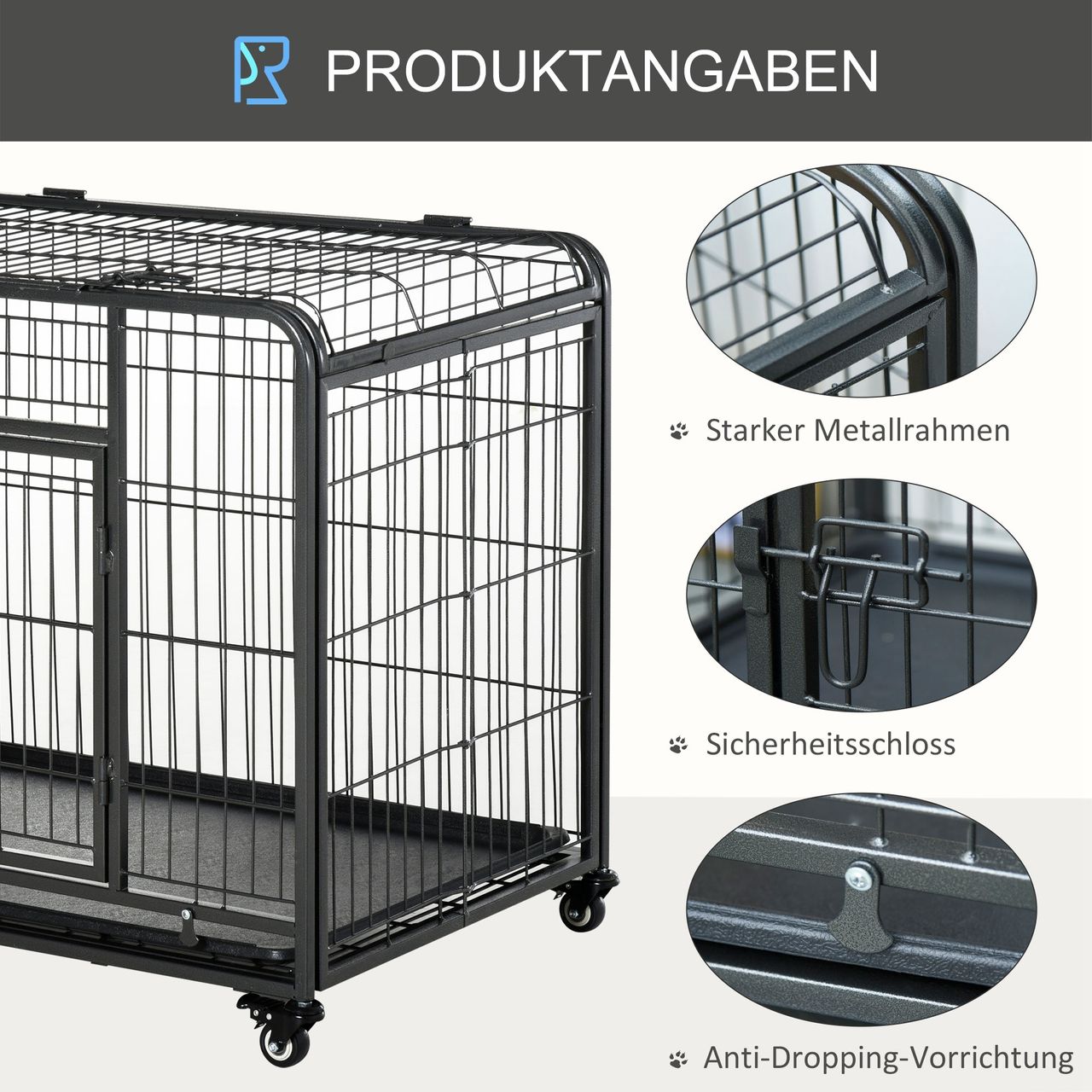 PawHut Transportbox faltbarer Transportkäfig mit Rädern Metall Grau Schwarz