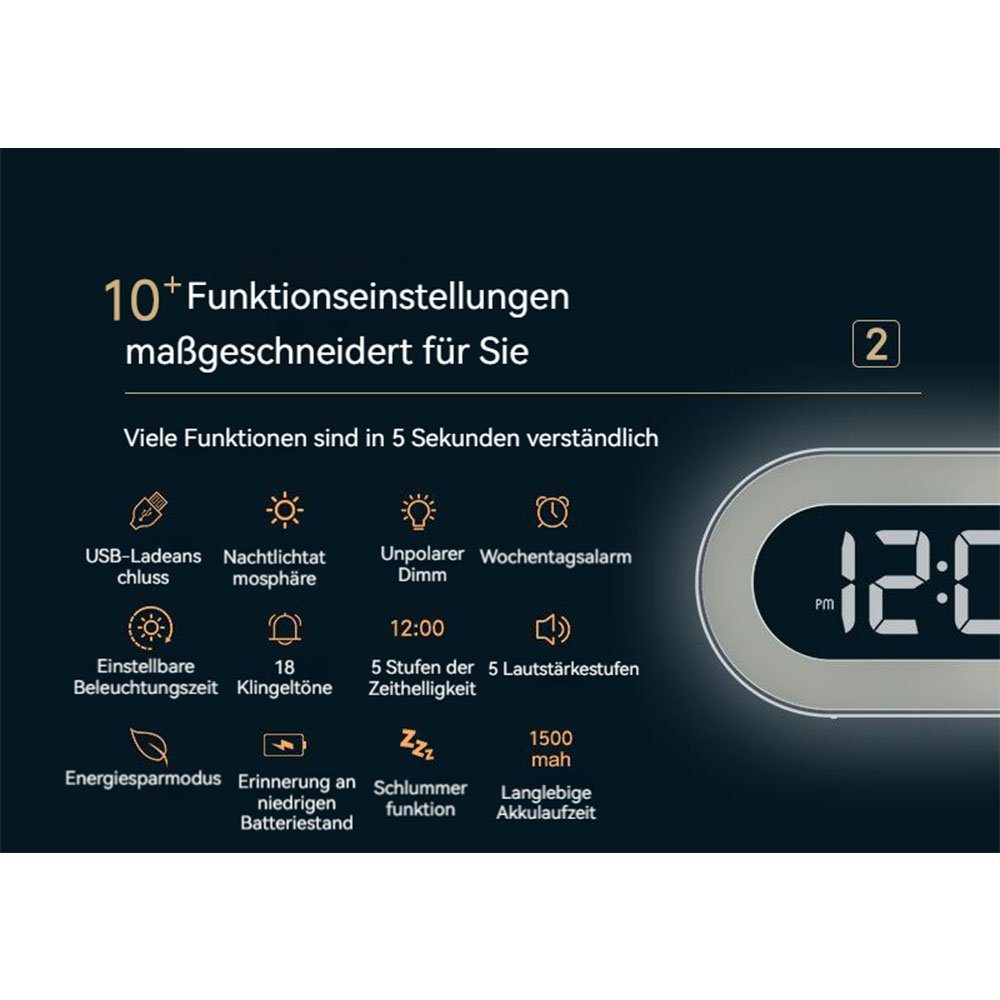 MOUTEN Glockenwecker LED-Wecker, leuchtende elektronische Nachttischuhr