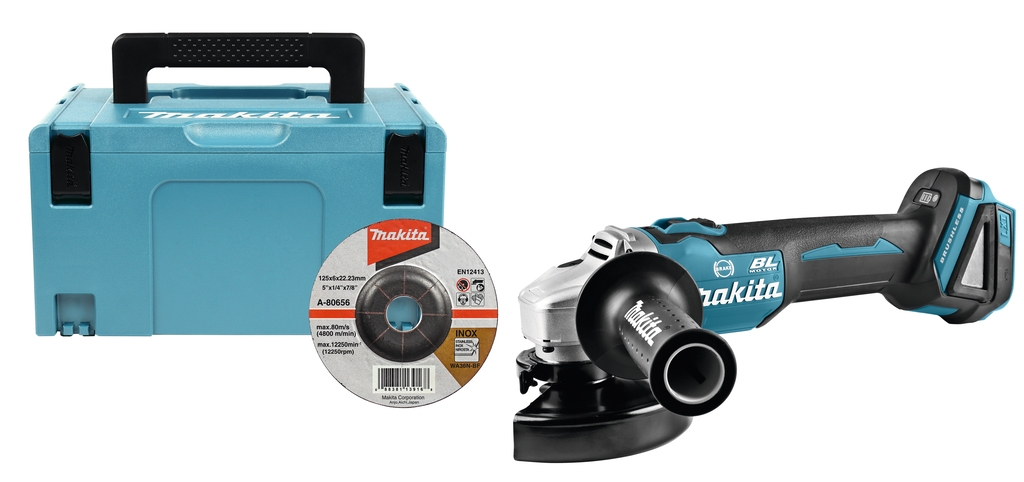 Makita DGA506ZJ 18V kotni brusilnik 125 mm z motorno zavoro, brez baterij in polnilnika