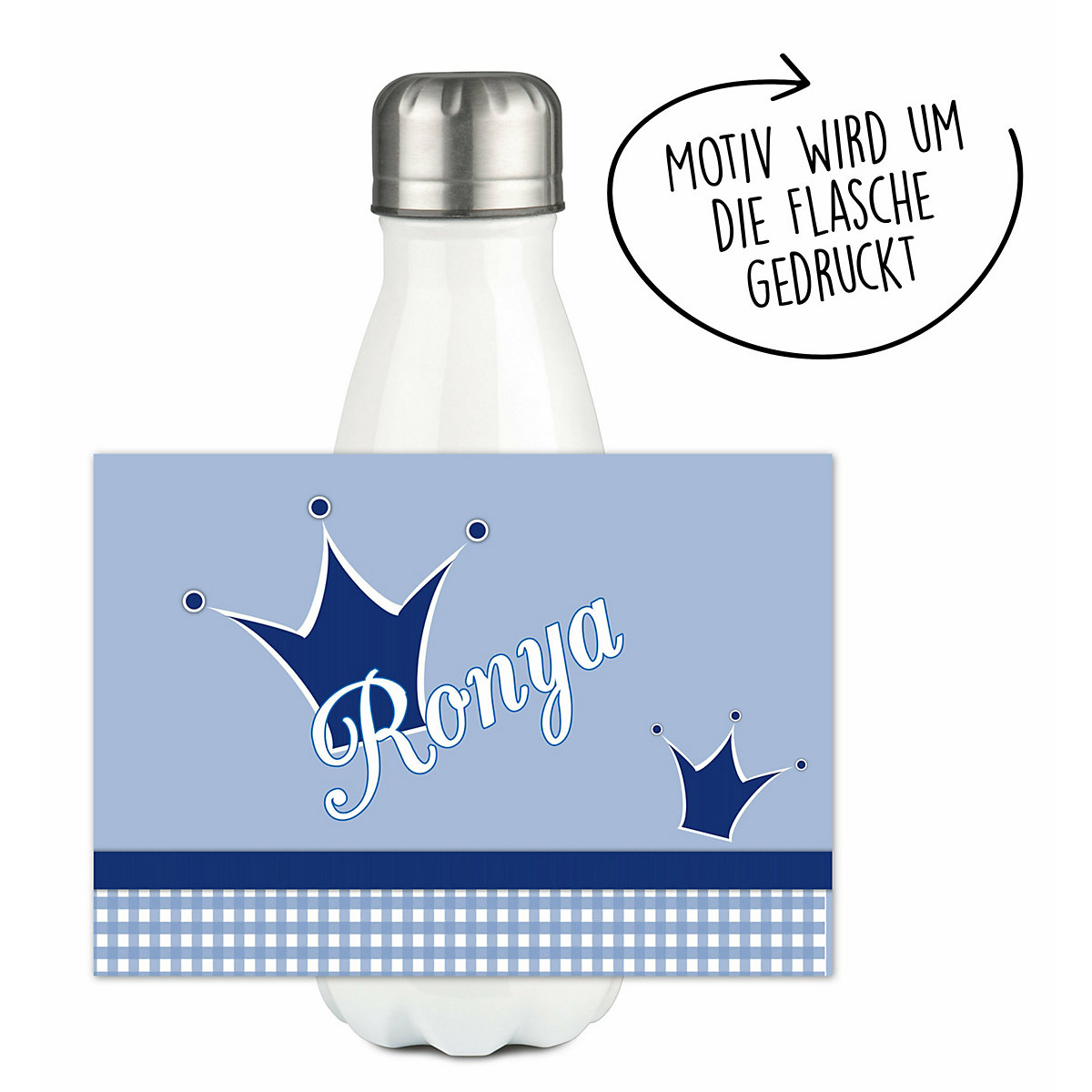 Edelstahl Kinder Thermoflasche / Trinkflasche bunt Krone Farbe blau Spülmaschinenfest, Auslaufsicher, Bruchfest, Doppelwandig, Für Heißgetränke geeignet, Mit Deckel, Isoliert