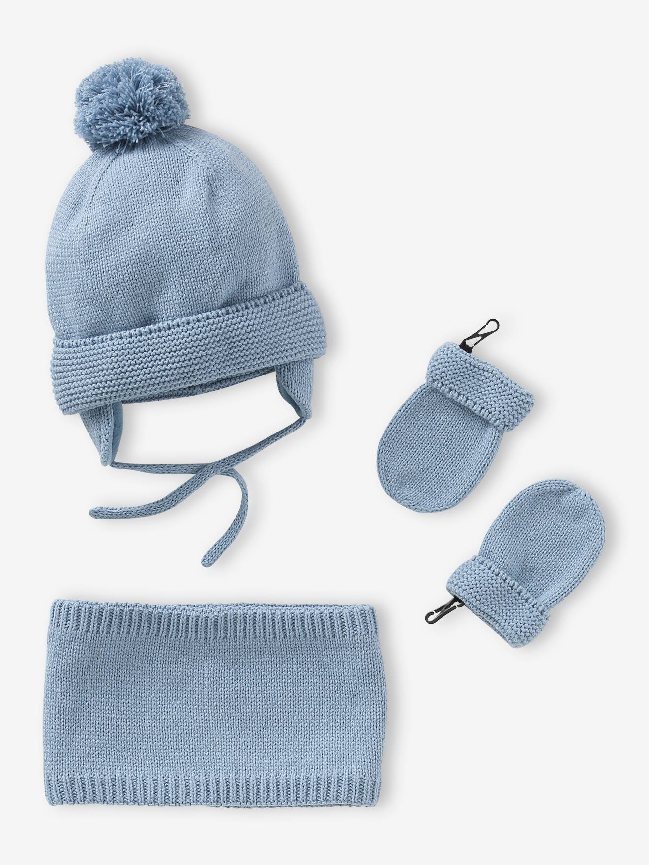 Ensemble bébé garçon bonnet + snood + moufles BASICS bleu grisé