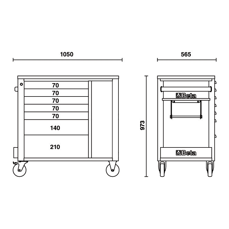 Beta 024004477 Liikuteltava työpöytä, 7 laatikkoa ja lukittava kaappi, 588x367 mm - musta