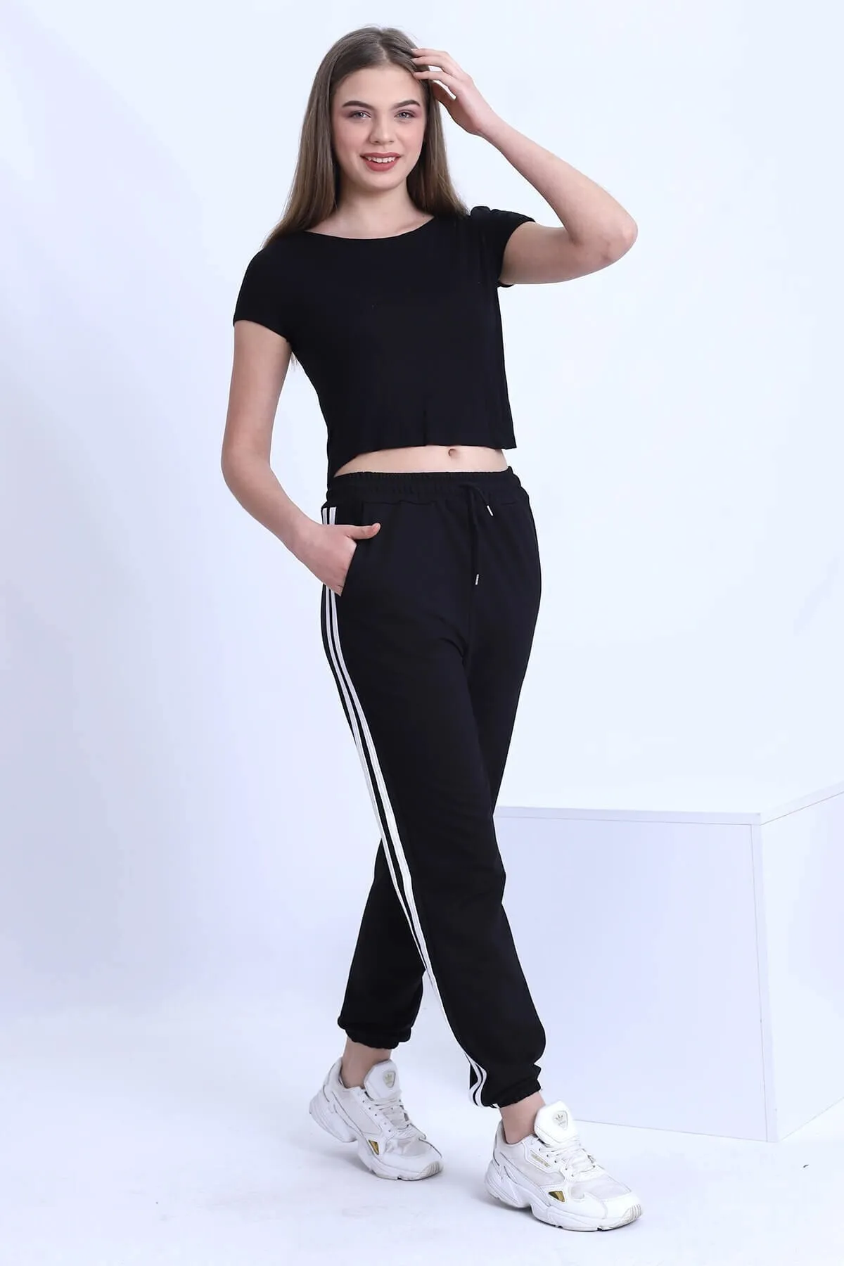 Deafox  Schwarze Jogginghose mit hoher Taille und Streifendetail