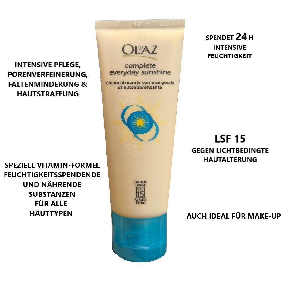 OLAZ Selbstbräunungscreme Total Complete Everyday Sunshine 40ml Gesicht Selbstbräunungscreme, und Make up für natürliche & fleckenfreie Bräune, straffung, jüngeres Aussehen, Anti Falten Hautcreme Naturkosmetik Anti-Aging Tagescreme mit Vitamin E Beau