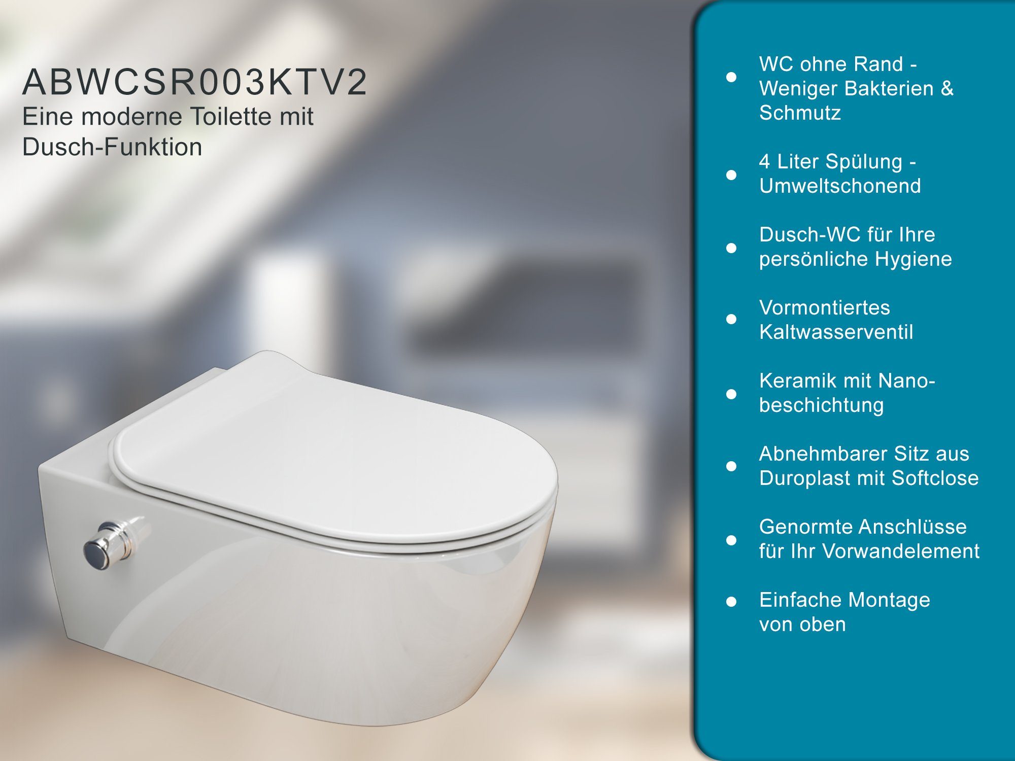SSWW Dusch-WC SSWW Taharet WC mit Armatur und abnehmbarer Softcl, Wandmontage, WC mit Rand, m. Absenkautomatik