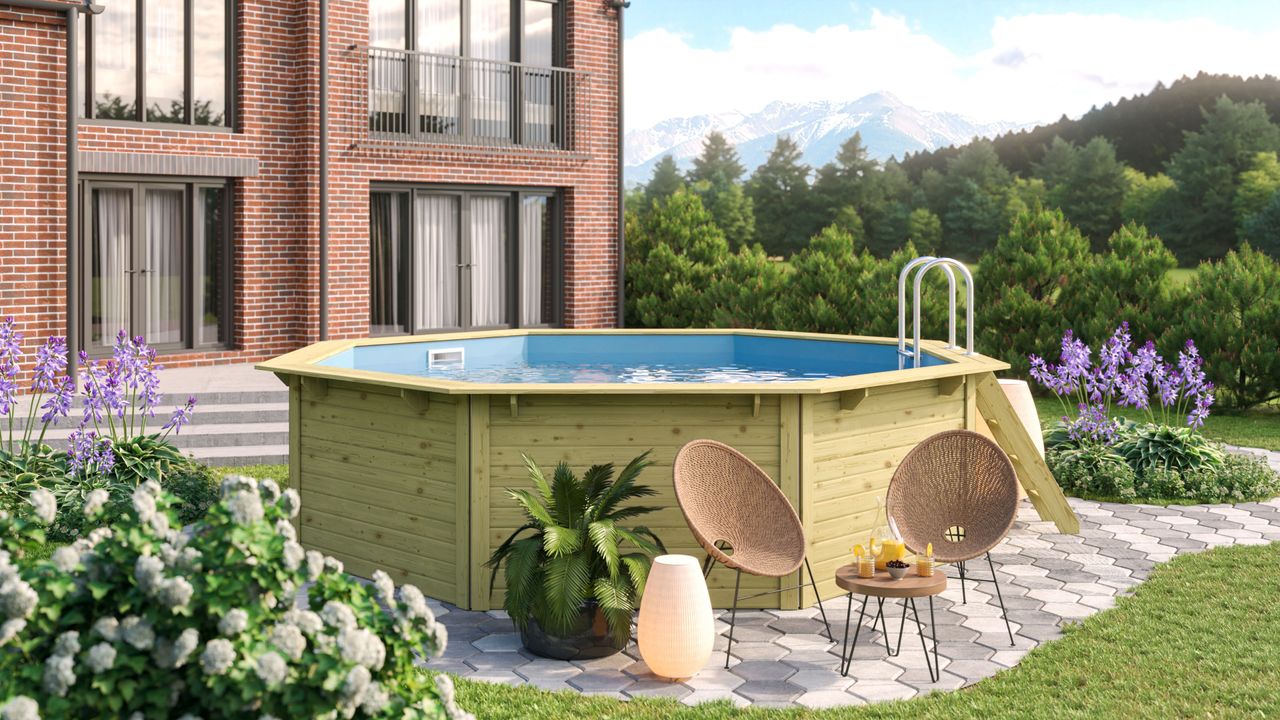 Karibu Outdoor Pool 427,5 x 427,5 cm Modell X2 Set inkl. Innenhülle, Skimmer & Filteranlage - Kesseldruckimprägniert