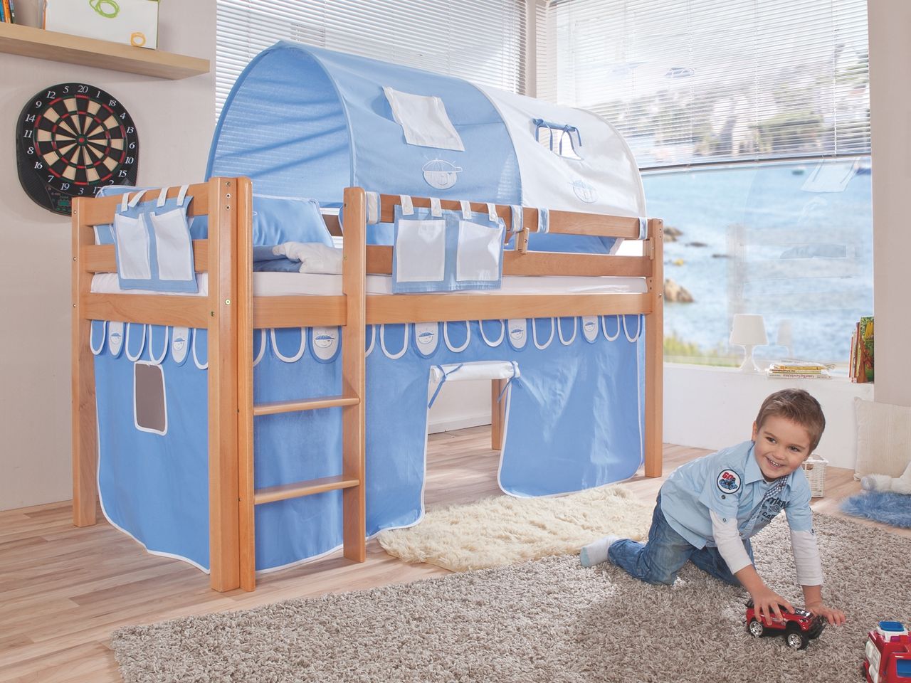 Relita Halbhohes Spielbett ALEX Buche massiv natur lackiert mit Stoffset blau/boy