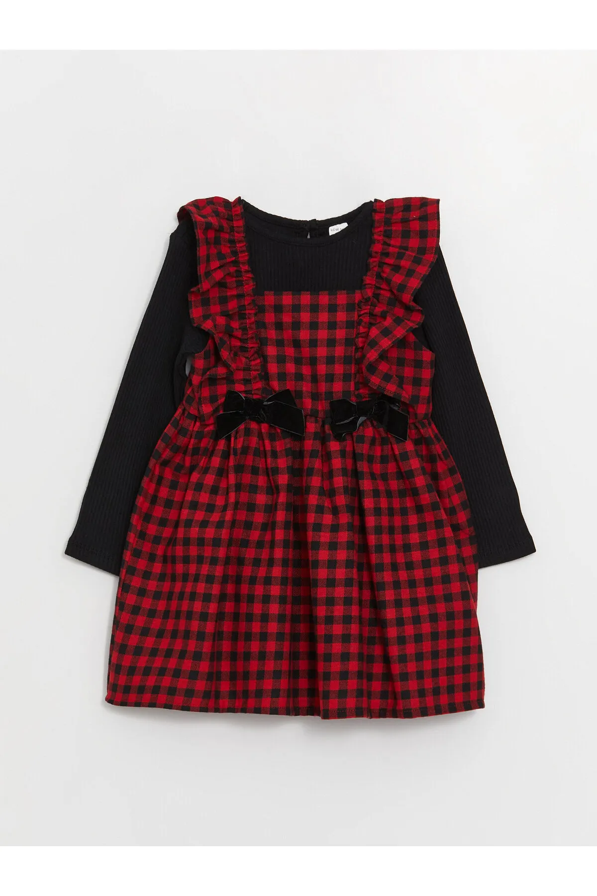 LC Waikiki  2-teiliges Set aus kariertem gemustertem Babykleid und T-Shirt mit Rundhalsausschnitt