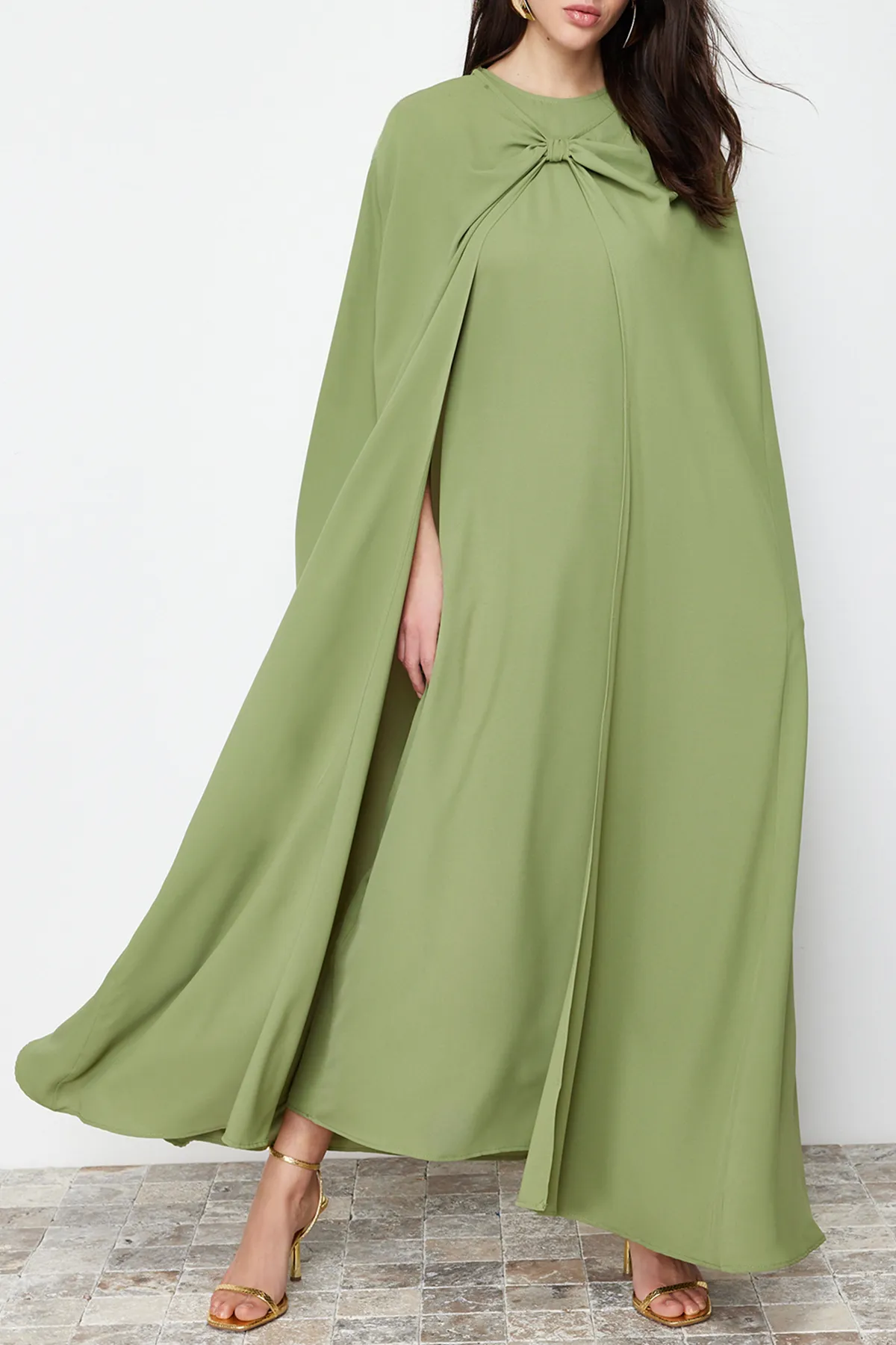 Trendyol Modest  Khakifarbenes gewebtes Kaftan-Abendkleid TCTSS24DB00000